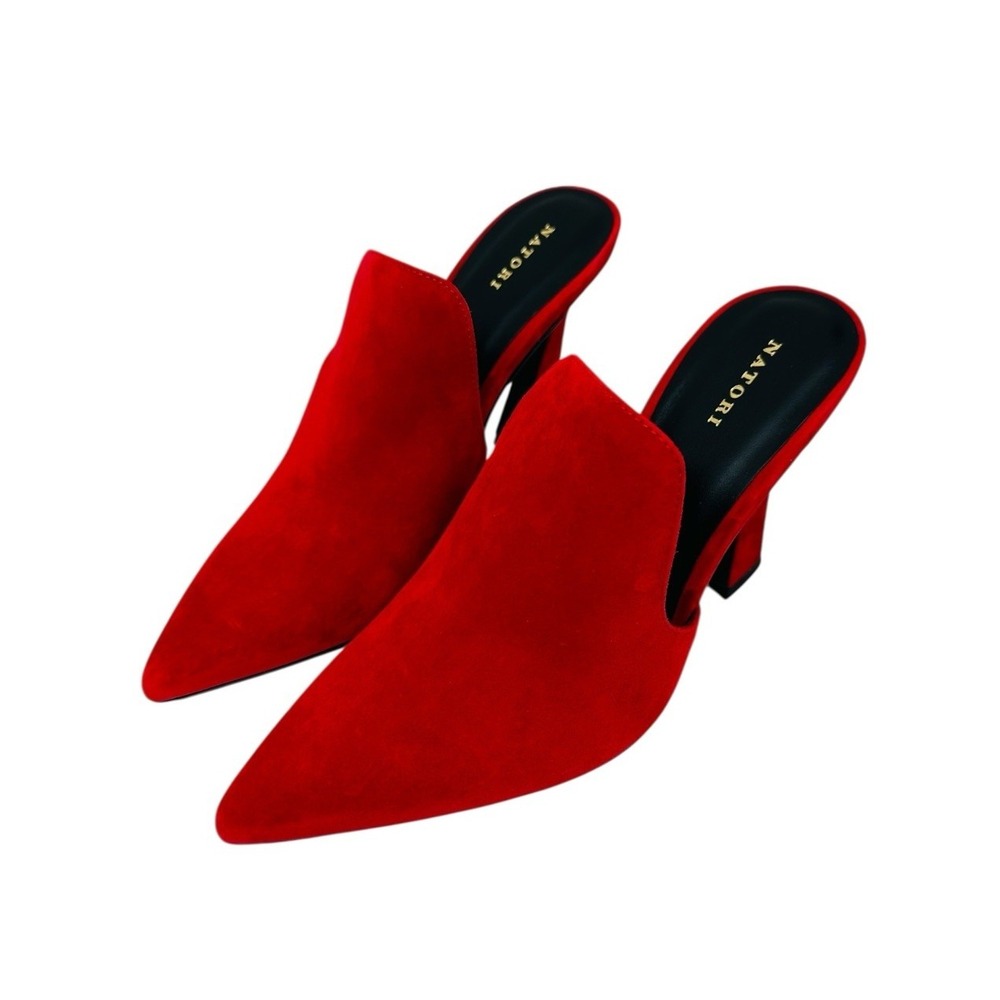 Natori Minh-Su Color Red Brocade Re Kid Suede Pointed Toe‎ Heel Mule Size 9M NWB